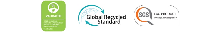 Fra venstre vises UL VALIDATED (logo), Global Recycled Standard (logo), SGS ECO PRODUCT (logo).