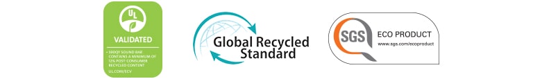 Fra venstre vises UL VALIDATED (logo), Global Recycled Standard (logo), SGS ECO PRODUCT (logo).