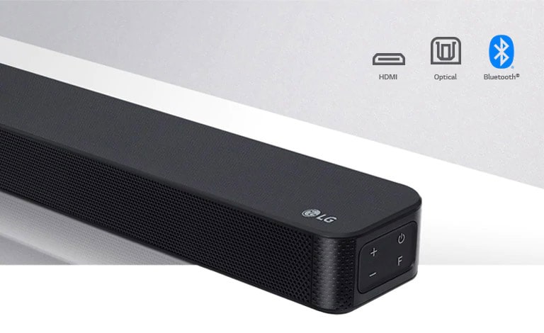 Nærbillede af højre side af LG soundbar med LG-logo vist i nederste højre hjørne. Hi-Res-logo er vist under produktet.