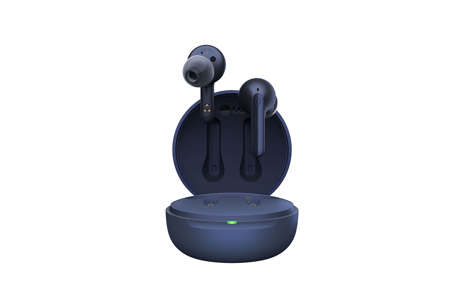 Et frontbillede hvor ladeetui er åbnet, og Earbuds flyder over.