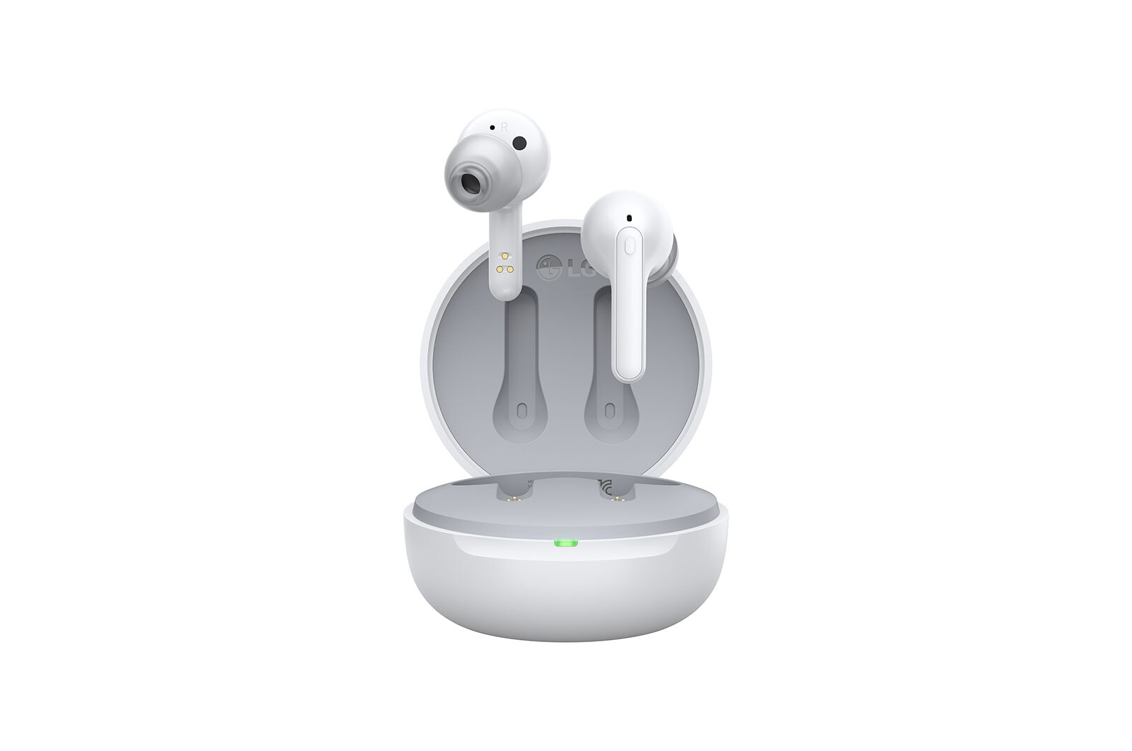  Et frontbillede hvor ladeetui er åbnet, og Earbuds flyder over