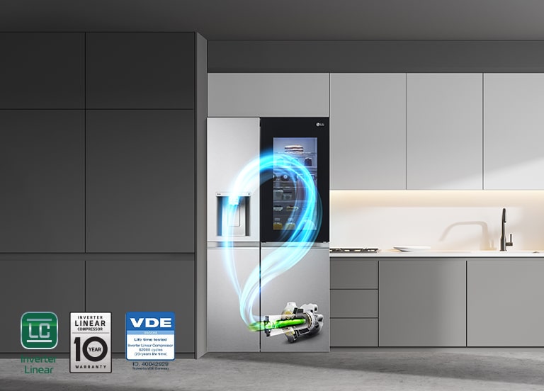 In the grey kitchen, there is a refrigerator, in which the flow of the compressor is shown