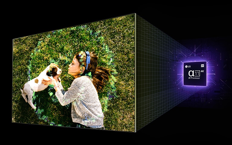 Et LG AI TV svæver i en vinkel på en sort baggrund og viser et billede af en pige med en hund, og grafik af alpha 11 AI Processor 4K svæver bagved, oplyst af lilla neonlys. Gitterlinjer projiceres fra chipset til TV og en krusningseffekt fremkommer på TV-skærmen, mens billedet bliver lysere. Chipset og TV bliver til ét, drejer mod forsiden og en LG Magic Remote fremkommer i midten nederst. Skærmbilledet bliver mindre, og Magic Remote ruller gennem menuen “De bedste anbefalinger til dig”. Følgende logoer vises: LG Channels, Netflix, Prime Video, Disney+, Apple TV, YouTube, Spotify, Twitch, GeForce Now og Udemy.