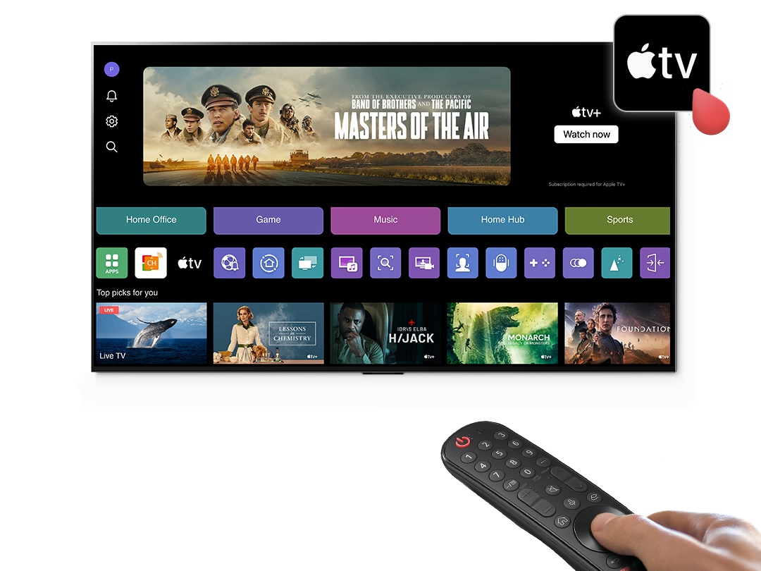 Et billede af LG Smart TV's web OS. På web OS-siden er der et appikon for Apple TV+.