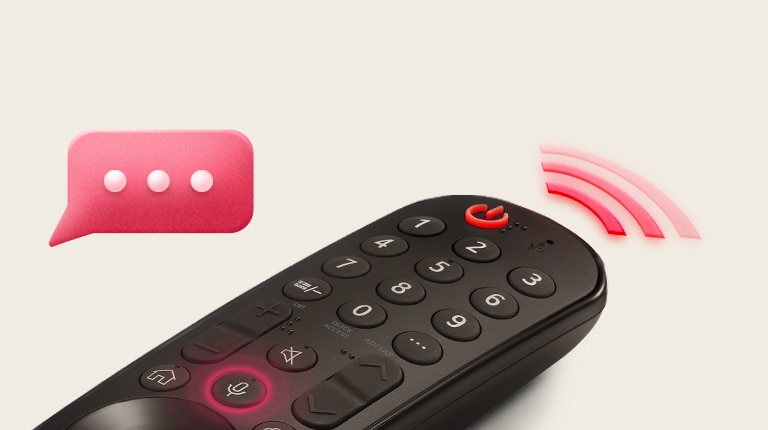 LG Magic Remote med den runde knap i midten. Lyserødt neonlys udsendes rundt om knappen for at fremhæve den. Et lyserødt signal kommer fra fjernbetjeningen med en lyserød taleboble over LG Magic Remote.