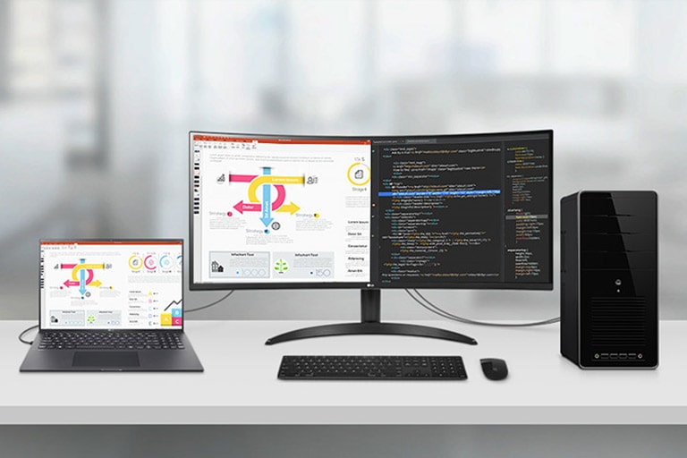 På denne skærm kan du se indhold fra to computere samtidigt med picture-by-picture-funktionen, så den hjælper dig med effektivt at få arbejde fra hånden.