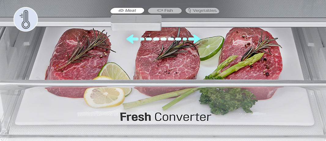 Nærbillede af Fresh Converter fyldt med kød, indstillet til korrekt temperatur for kød blandt mulighederne kød, fisk og grøntsager.