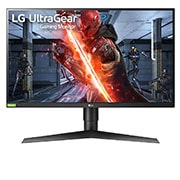 Visning forfra af 27” UltraGear FHD IPS 1 ms 240Hz G-Sync-kompatibel HDR10 3-sidet virtuelt kantløs gaming-skærm 27GN750-B