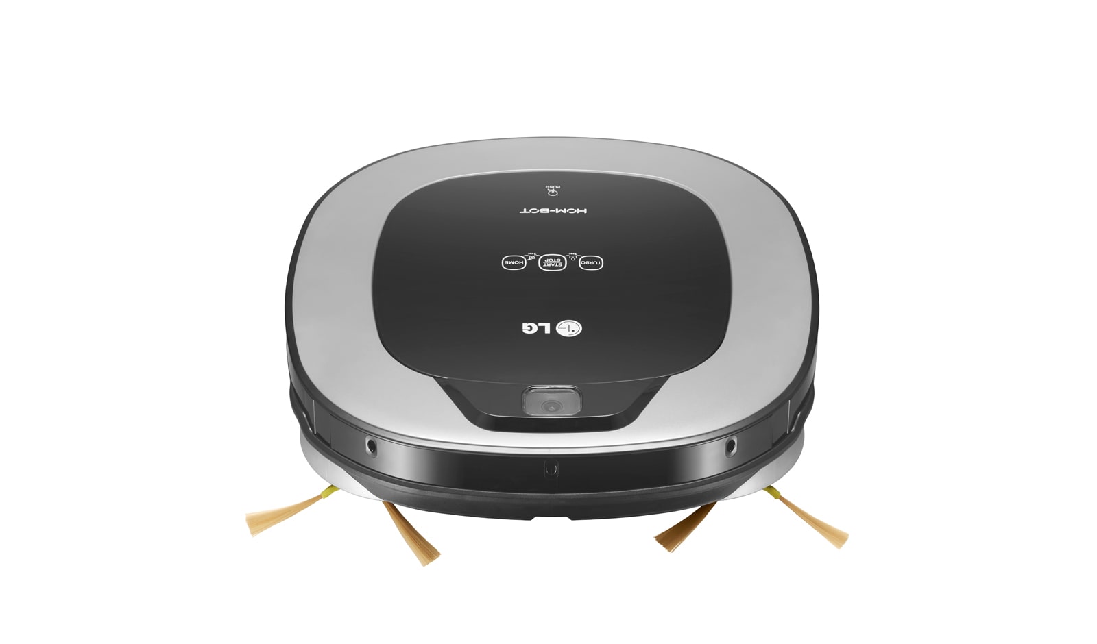 Visning forfra af Effektiv rengøring i hjørner med sit firkantede design og ekstra lange børster. Lavt lydniveau og støvbeholder som er nem at tømme. VR6340LV