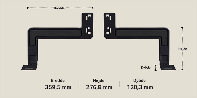 To WOW Bracket-komponenter, som ligger på langs mod en beige baggrund. Bredde, højde og dybde er mærket og vist med pile. Nederst ses følgende specifikationer: Bredde 359,5 mm, Højde 276,8 mm, Dybde 120,3 mm.