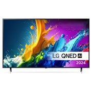 LG NanoCell TV, NANO80 set forfra med tekst fra LG NanoCell, 2024, webOS Re:New Program-logo og Magic Remote på skærmen