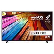 Front view of LG UHD TV, UT80 with text of LG UHD AI ThinQ and 2024 on screen