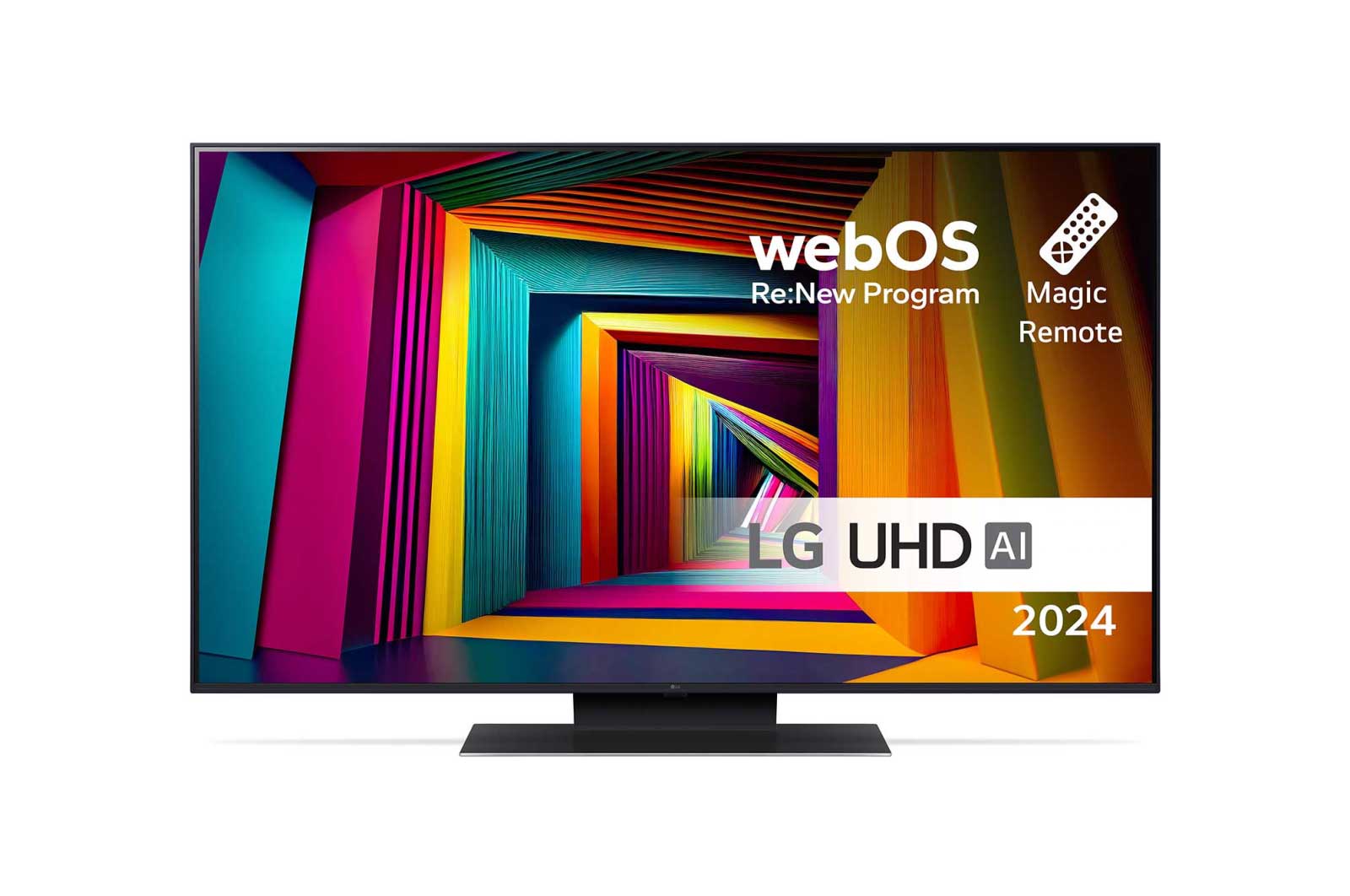 Visning forfra af LG UHD TV, UT91 med teksten LG UHD AI ThinQ, 2024 og logoet for webOS Re:New Program på skærmen