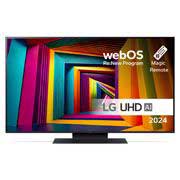 Visning forfra af LG UHD TV, UT91 med teksten LG UHD AI ThinQ, 2024 og logoet for webOS Re:New Program på skærmen