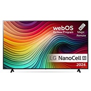 LG NanoCell TV, NANO81 set forfra med tekst fra LG NanoCell, 2024, webOS Re:New Program-logo og Magic Remote på skærmen