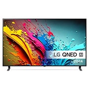 LG QNED TV, QNED85 set forfra med tekst fra LG QNED, Quantum Dot med NanoCell og 2024 på skærmen