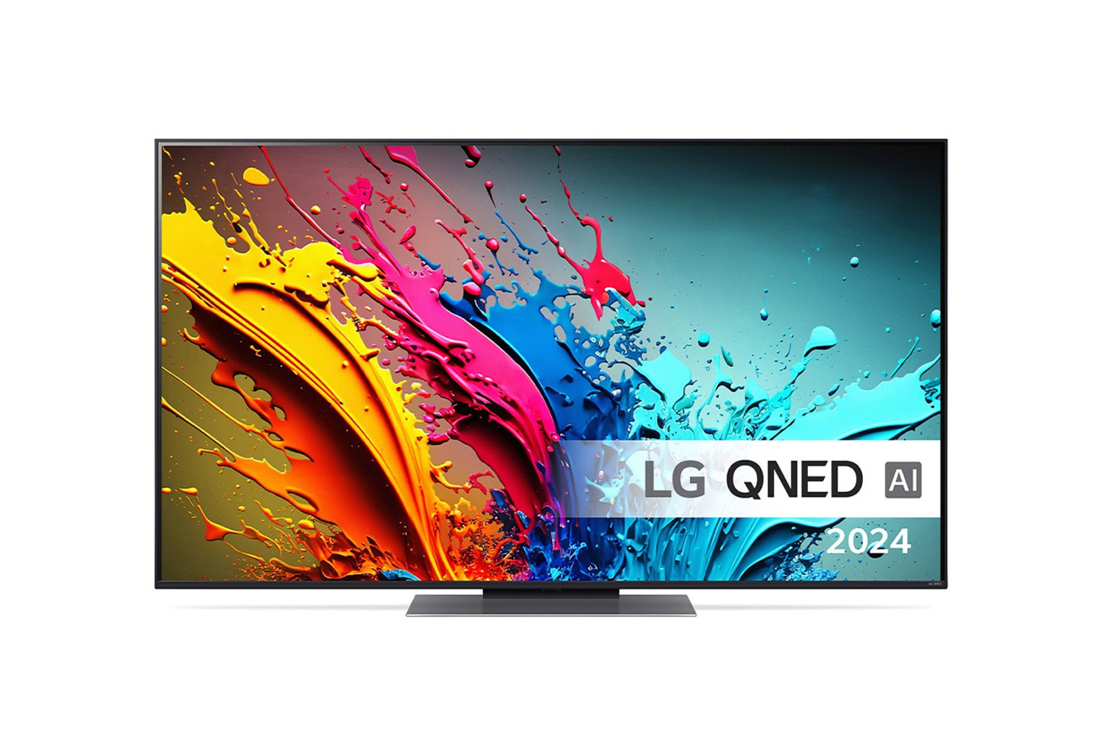 LG QNED TV, QNED87 set forfra med tekst fra LG QNED, Quantum Dot med NanoCell og 2024 på skærmen