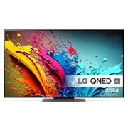 LG QNED TV, QNED87 set forfra med tekst fra LG QNED, Quantum Dot med NanoCell og 2024 på skærmen