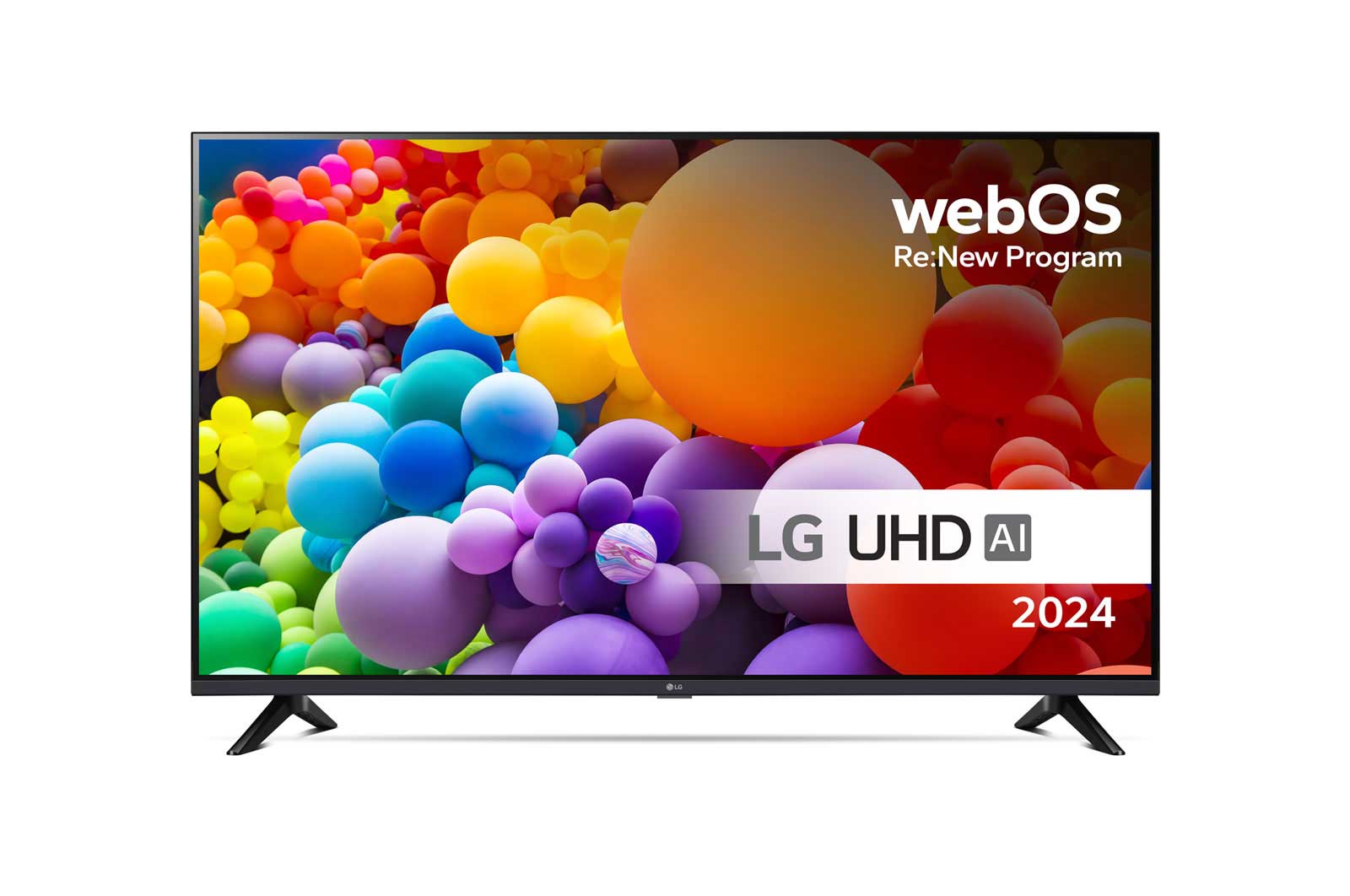 Visning forfra af LG UHD TV, UT73 med teksten LG UHD AI ThinQ, 2024 og logoet for webOS Re:New Program på skærmen