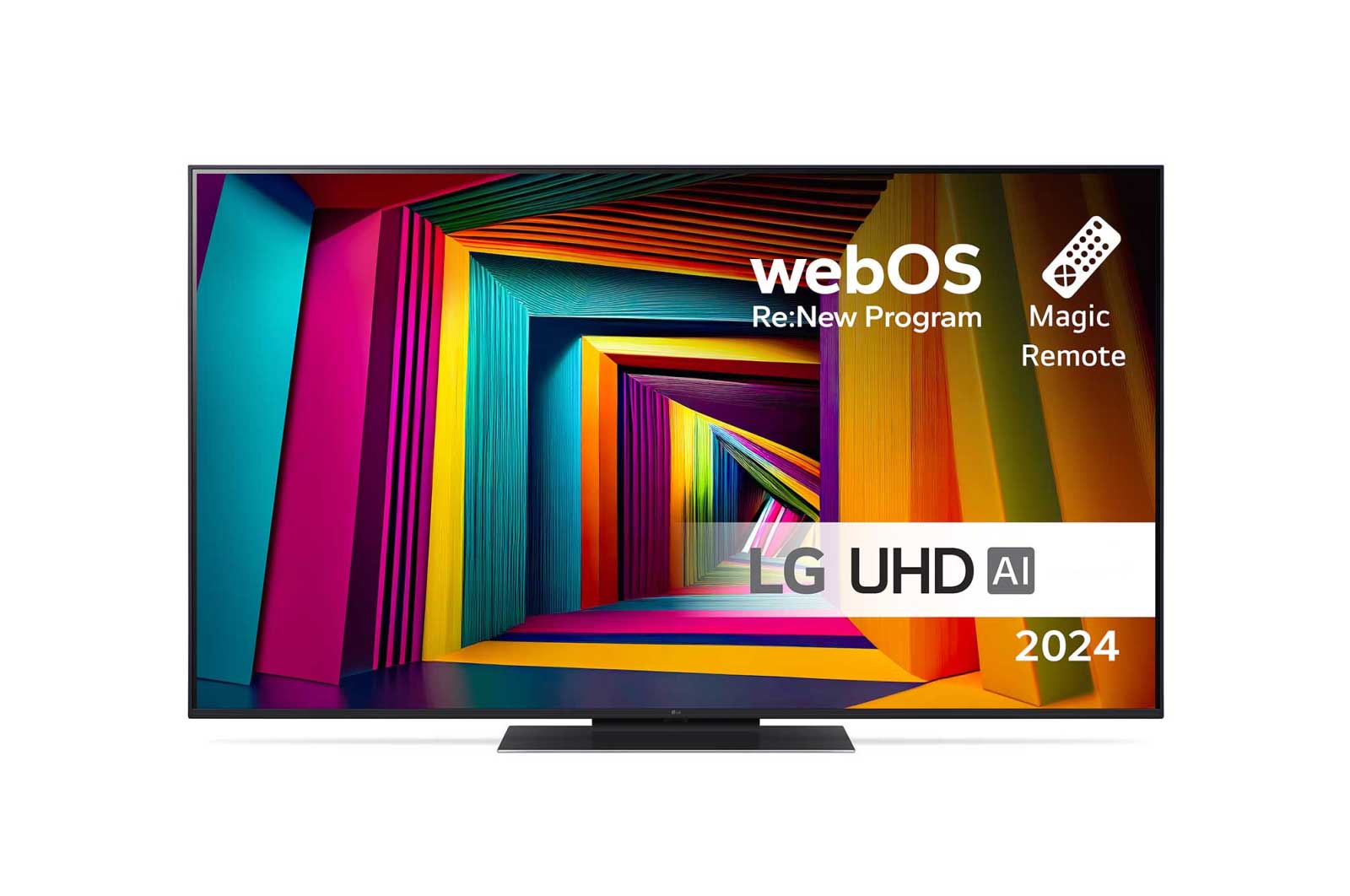Visning forfra af LG UHD TV, UT91 med teksten LG UHD AI ThinQ, 2024 og logoet for webOS Re:New Program på skærmen