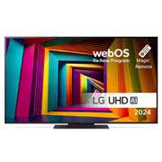 Visning forfra af LG UHD TV, UT91 med teksten LG UHD AI ThinQ, 2024 og logoet for webOS Re:New Program på skærmen