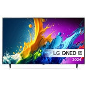 LG NanoCell TV, NANO80 set forfra med tekst fra LG NanoCell, 2024, webOS Re:New Program-logo og Magic Remote på skærmen