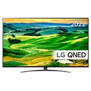 Et LG QNED TV vist forfra med udfyldningsbillede og produktlogo