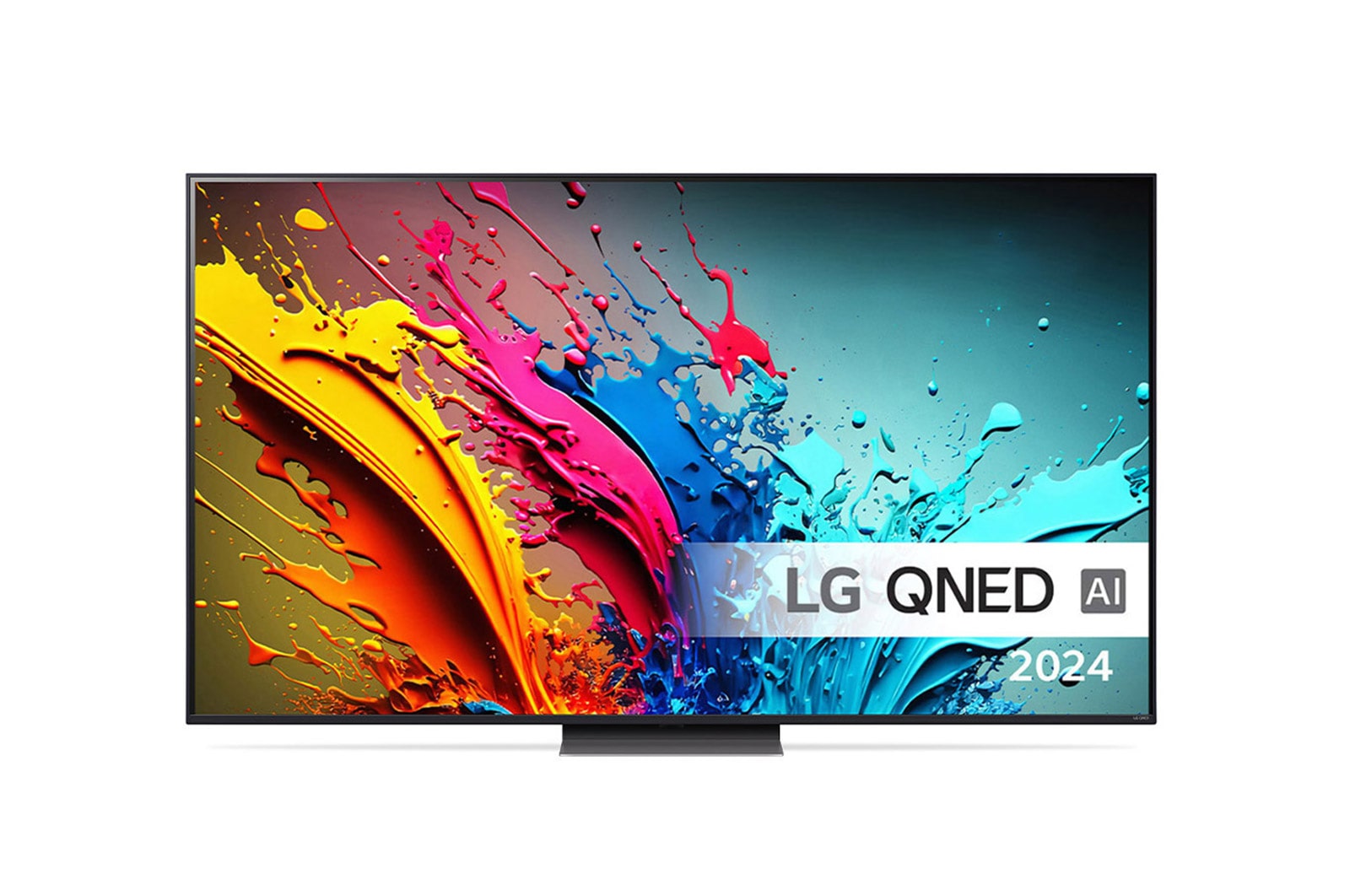 LG QNED TV, QNED87 set forfra med tekst fra LG QNED, Quantum Dot med NanoCell og 2024 på skærmen