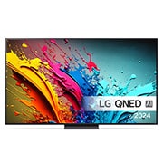 LG QNED TV, QNED87 set forfra med tekst fra LG QNED, Quantum Dot med NanoCell og 2024 på skærmen