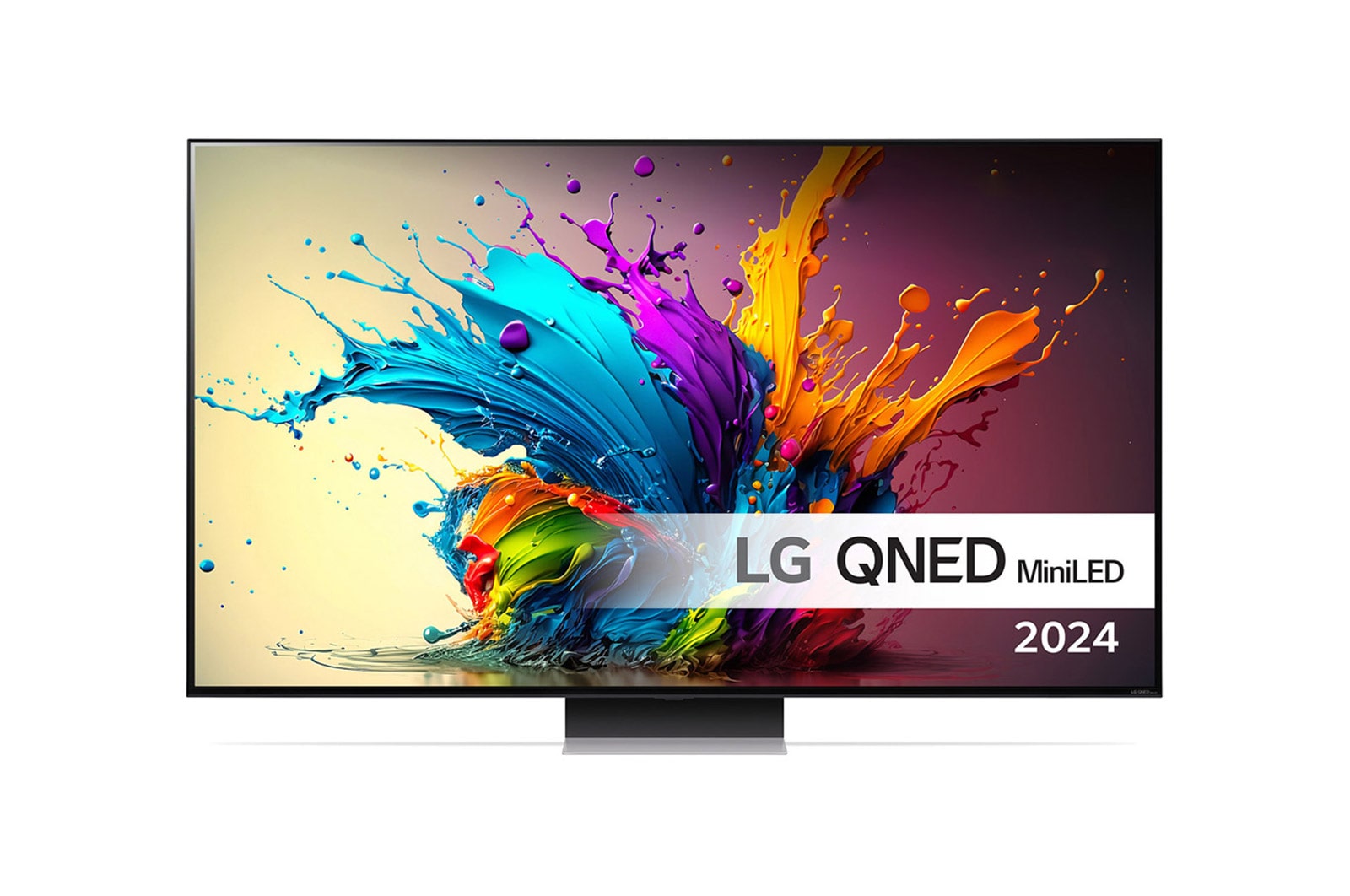 LG QNED MiniLED TV, QNED90 set forfra med tekst fra LG QNED, Quantum Dot med NanoCell og 2024 på skærmen