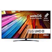 Вид спереди на телевизор LG UHD TV, UT80 с текстом LG UHD AI ThinQ, 2024 года и логотипом webOS Re:New Program на экране