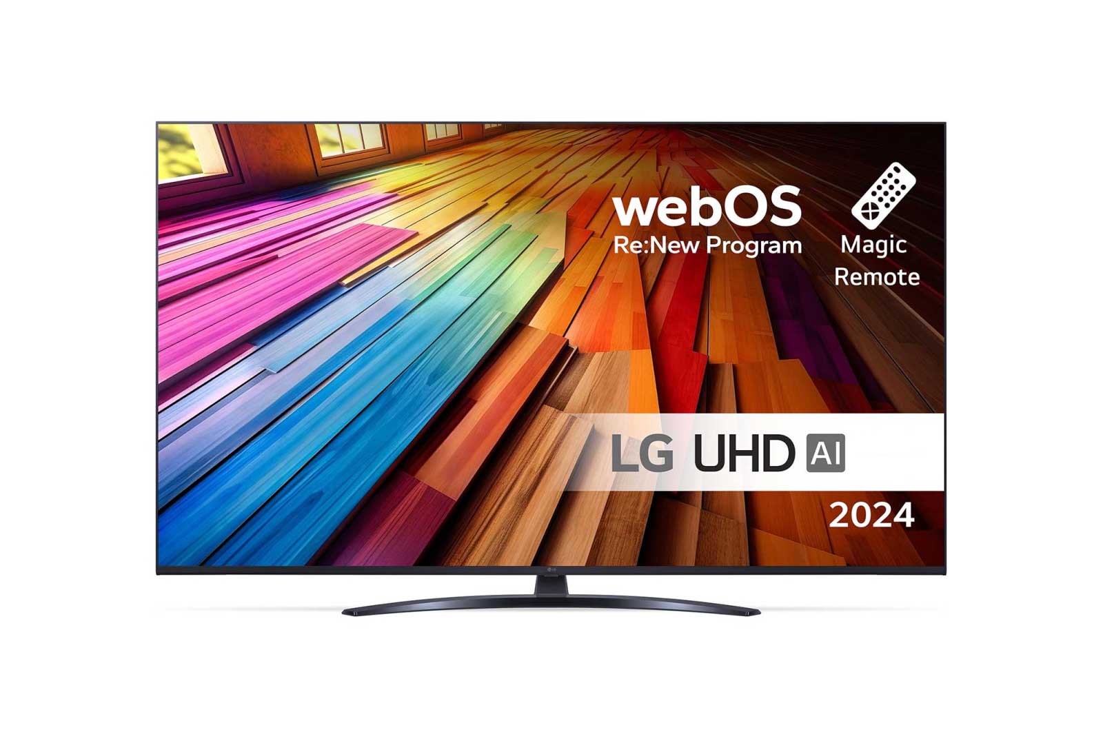 Вид спереди на телевизор LG UHD TV, UT80 с текстом LG UHD AI ThinQ, 2024 года и логотипом webOS Re:New Program на экране