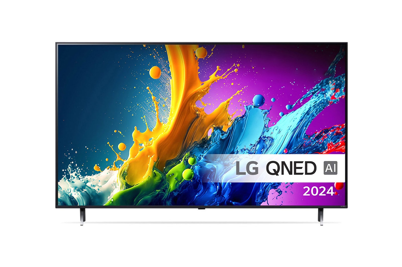 LG NanoCell TV, NANO80 set forfra med tekst fra LG NanoCell, 2024, webOS Re:New Program-logo og Magic Remote på skærmen
