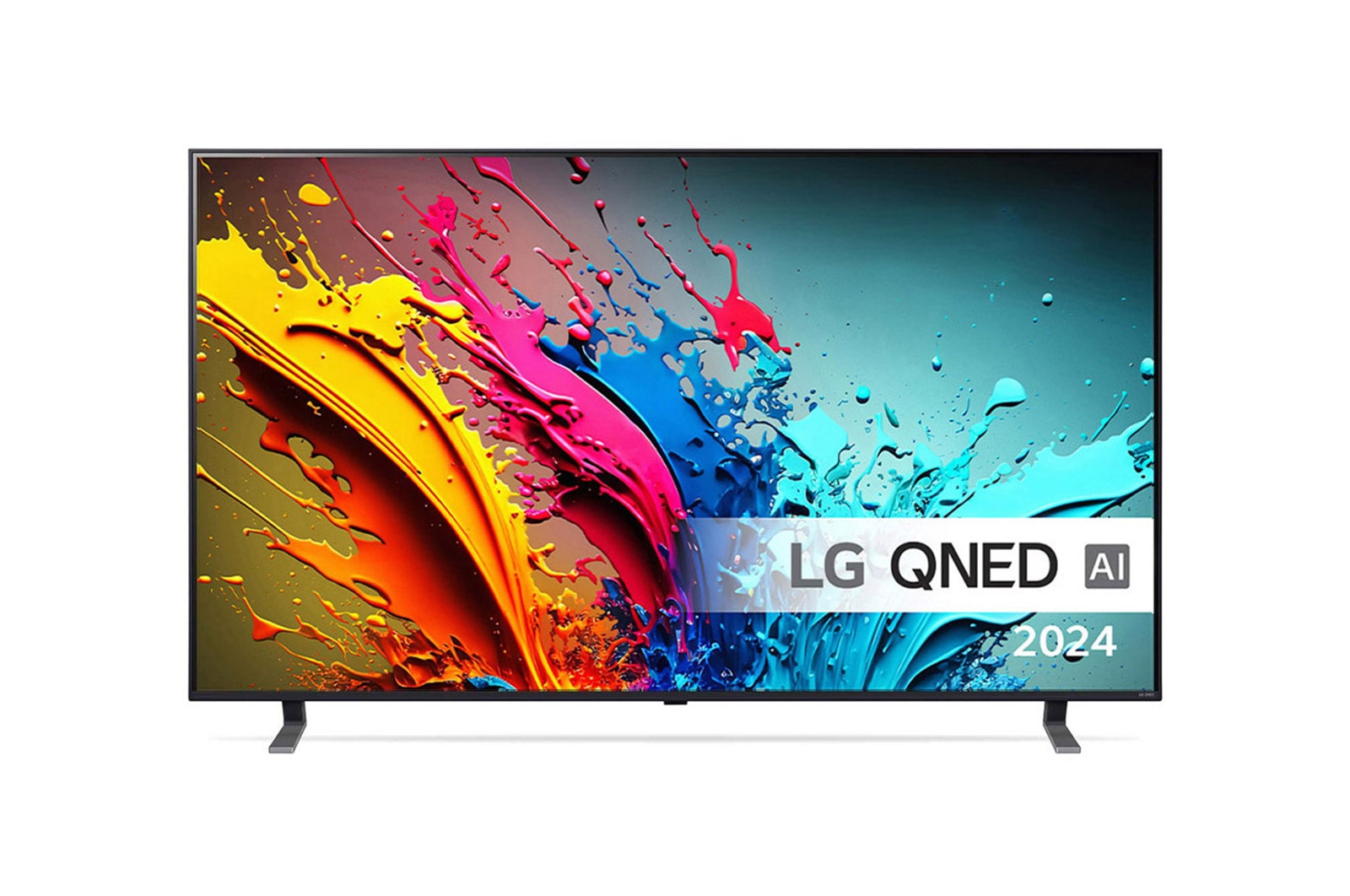 LG QNED TV, QNED85 set forfra med tekst fra LG QNED, Quantum Dot med NanoCell og 2024 på skærmen