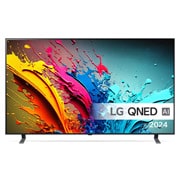 LG QNED TV, QNED85 set forfra med tekst fra LG QNED, Quantum Dot med NanoCell og 2024 på skærmen
