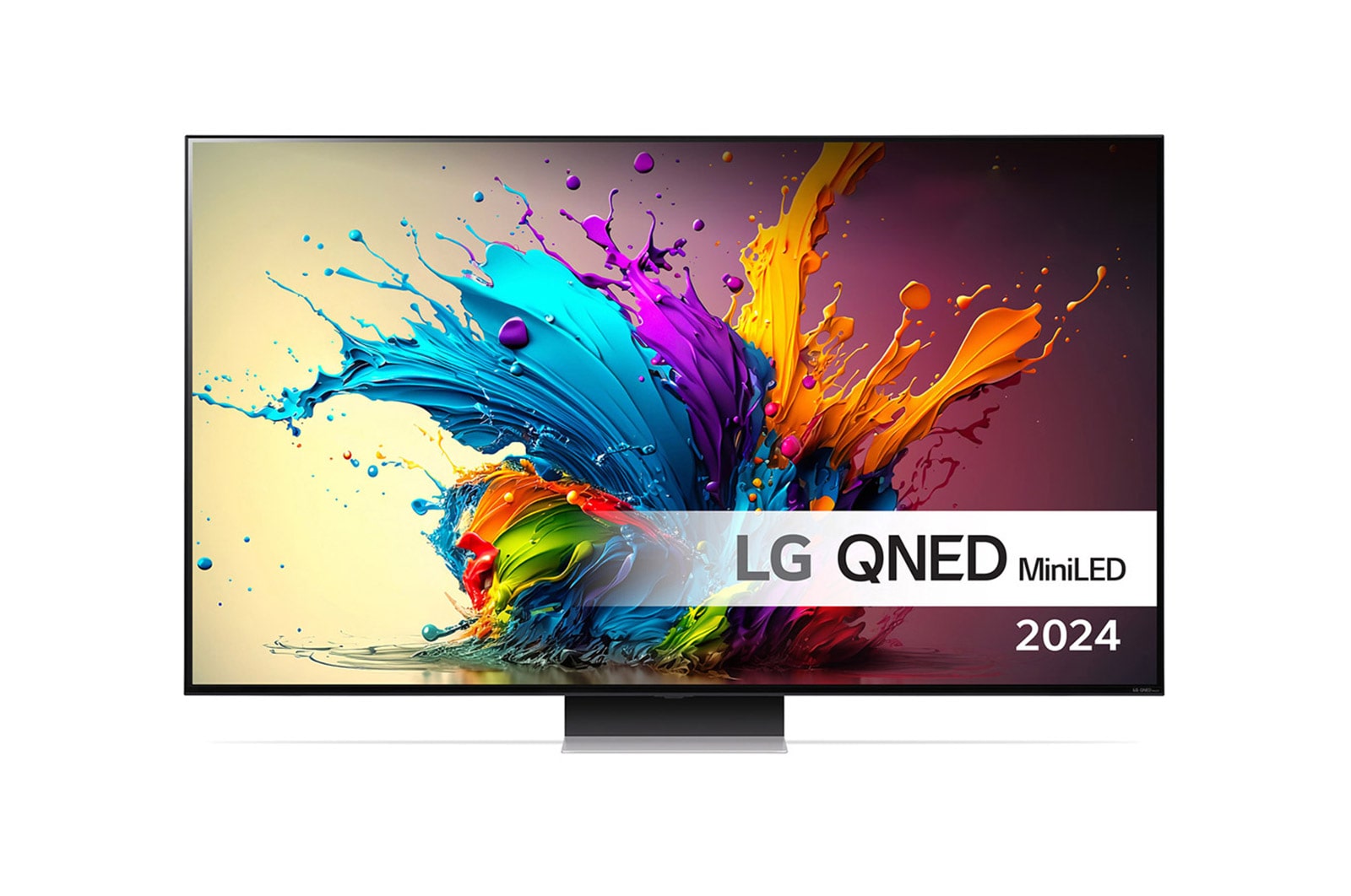 LG QNED MiniLED TV, QNED90 set forfra med tekst fra LG QNED, Quantum Dot med NanoCell og 2024 på skærmen