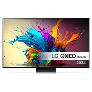 LG QNED MiniLED TV, QNED90 set forfra med tekst fra LG QNED, Quantum Dot med NanoCell og 2024 på skærmen
