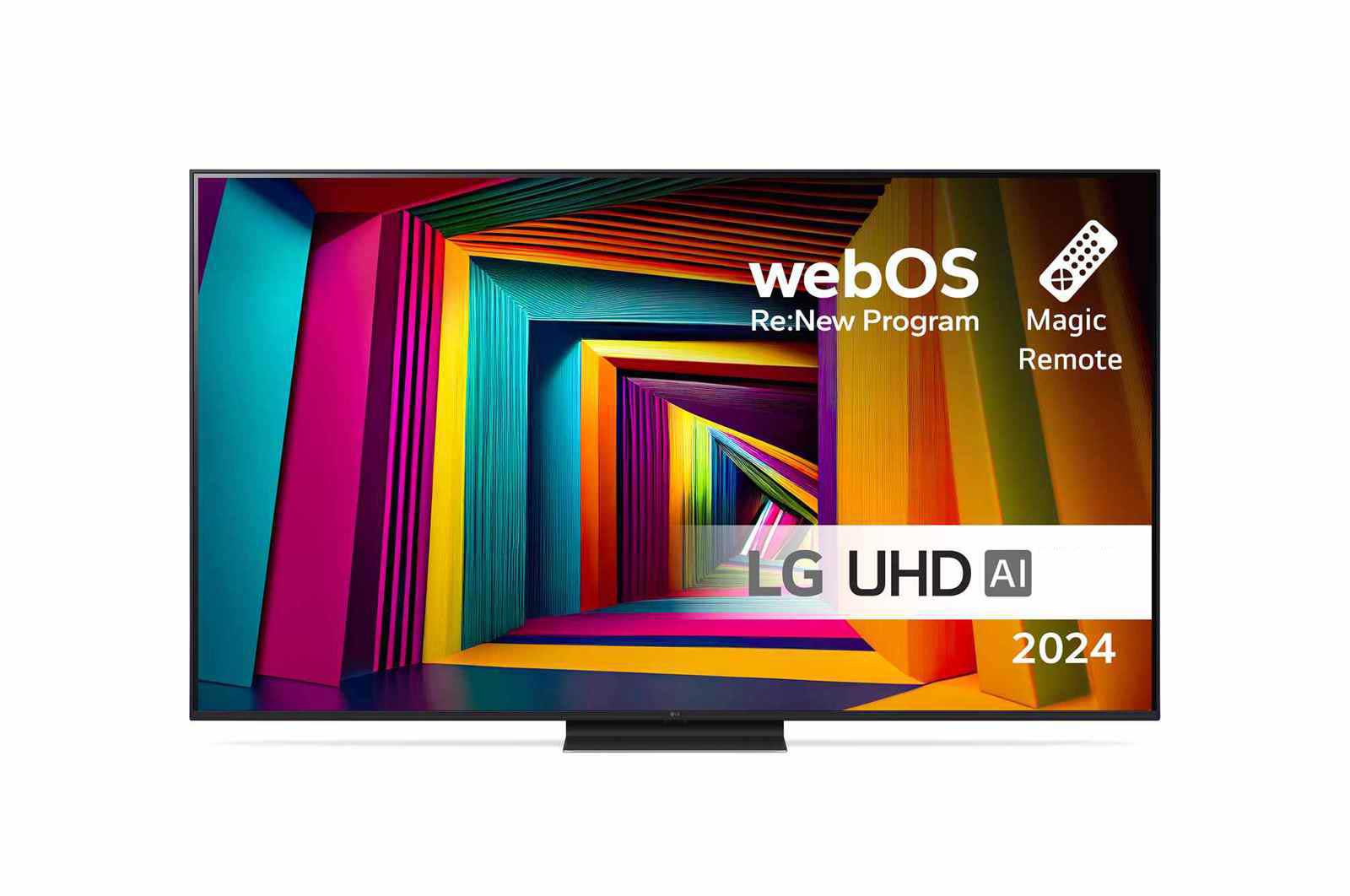 Visning forfra af LG UHD TV, UT91 med teksten LG UHD AI ThinQ, 2024 og logoet for webOS Re:New Program på skærmen