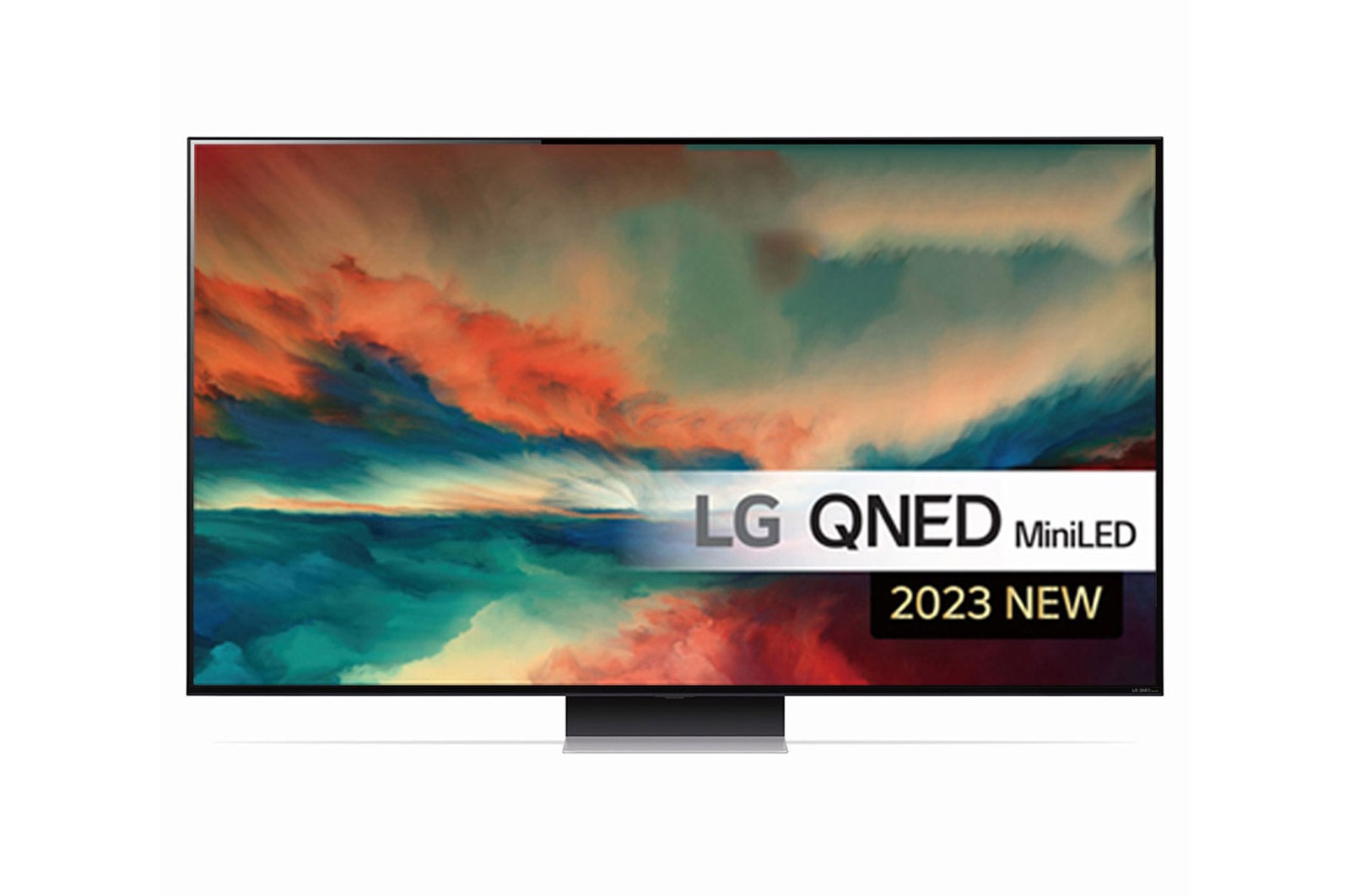 Et LG QNED TV vist forfra med udfyldningsbillede og produktlogo