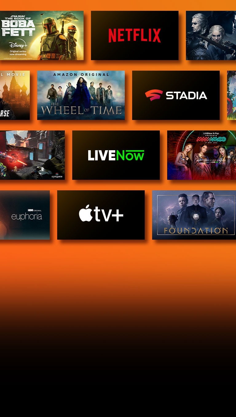 Logoer for streamingtjenester og matchende indholdsbilleder ved siden af hvert logo. Netflix logo, Money Heist og The Witcher. Disney logo og Boba Fett. Stadias logo, Journey to the Savage Planet og The Legend of Heroes: Trails of Cold Steel III. Prime Video logo, Without Remorse og The Wheel of Time. Logo for Livenow og eksempler på billeder fra Mamamoo og Oneus. NVIDIA Geforce Now logo og spilbilleder fra Cyberpunk 2077 og Splitgate. Logo for HBO Max, The Wire og Euphoria. Logo for Apple TV Plus, Foundation og Finch.