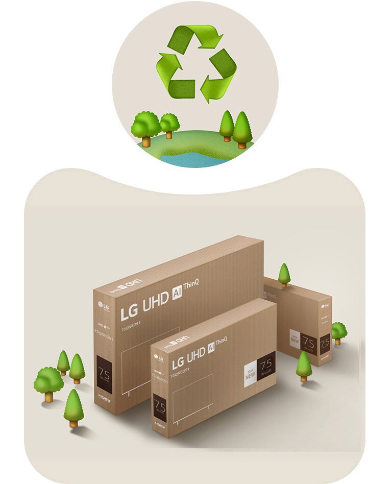 LG QNED-emballage på en beige baggrund med illustrerede træer.