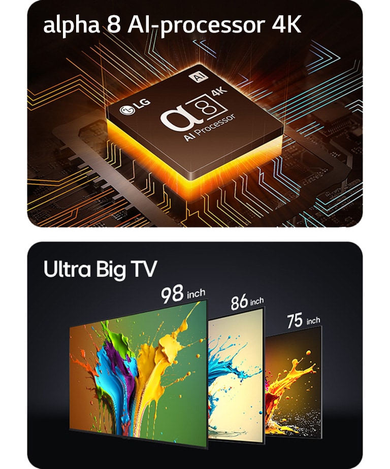 Alpha 8 AI Processor 4K vises med orange lys, der stråler nedefra. LG QNED89, QNED90 og QNED99 TV vises i rækkefølge fra venstre mod højre. Hvert TV viser et farverigt stænk, og ordene "Ultra Big TV" vises over TV-apparaterne.