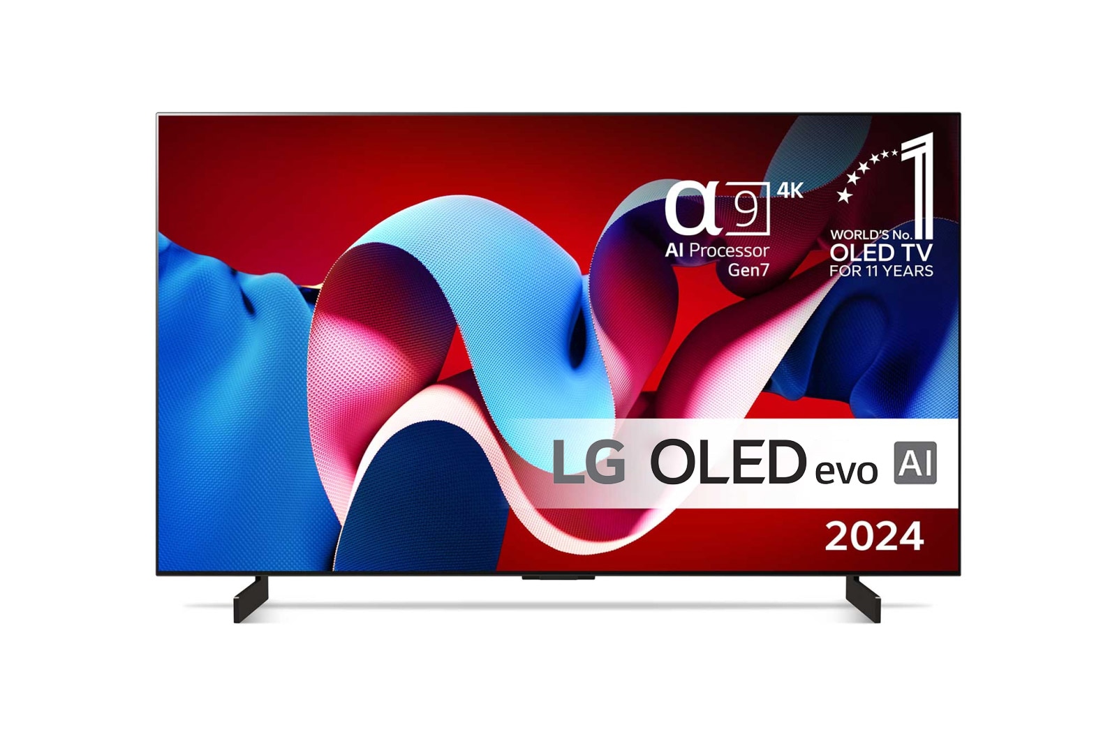 Set forfra med LG OLED evo TV, OLED C4, 11 Years of world number 1 OLED Emblem og alpha 9 4K AI processor Gen7 logo.