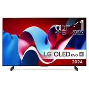 Set forfra med LG OLED evo TV, OLED C4, 11 Years of world number 1 OLED Emblem og alpha 9 4K AI processor Gen7 logo.