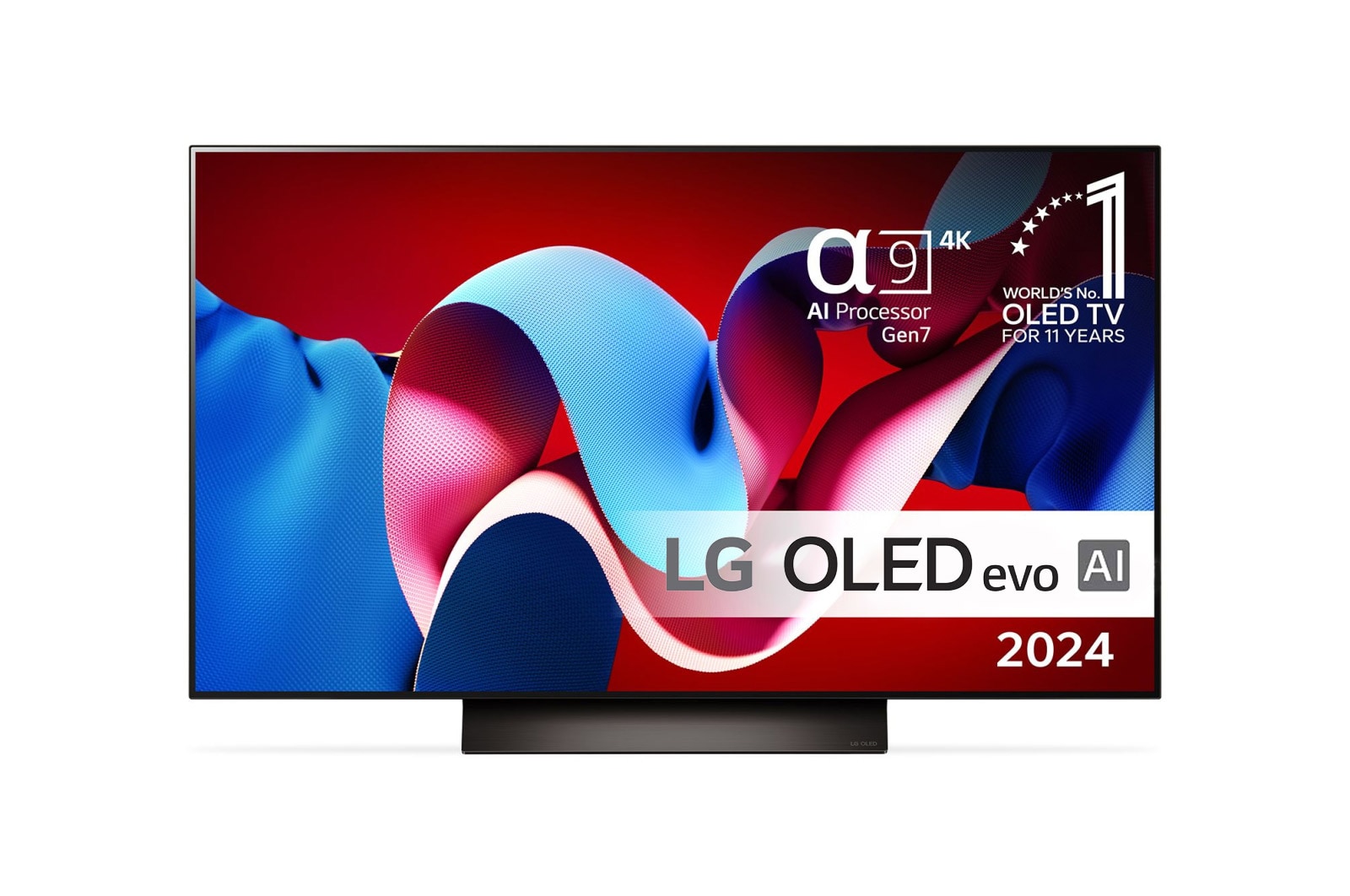 Set forfra med LG OLED evo TV, OLED C4, 11 Years of world number 1 OLED Emblem og alpha 9 4K AI processor Gen7 logo.