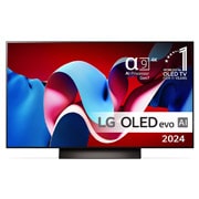 Set forfra med LG OLED evo TV, OLED C4, 11 Years of world number 1 OLED Emblem og alpha 9 4K AI processor Gen7 logo.