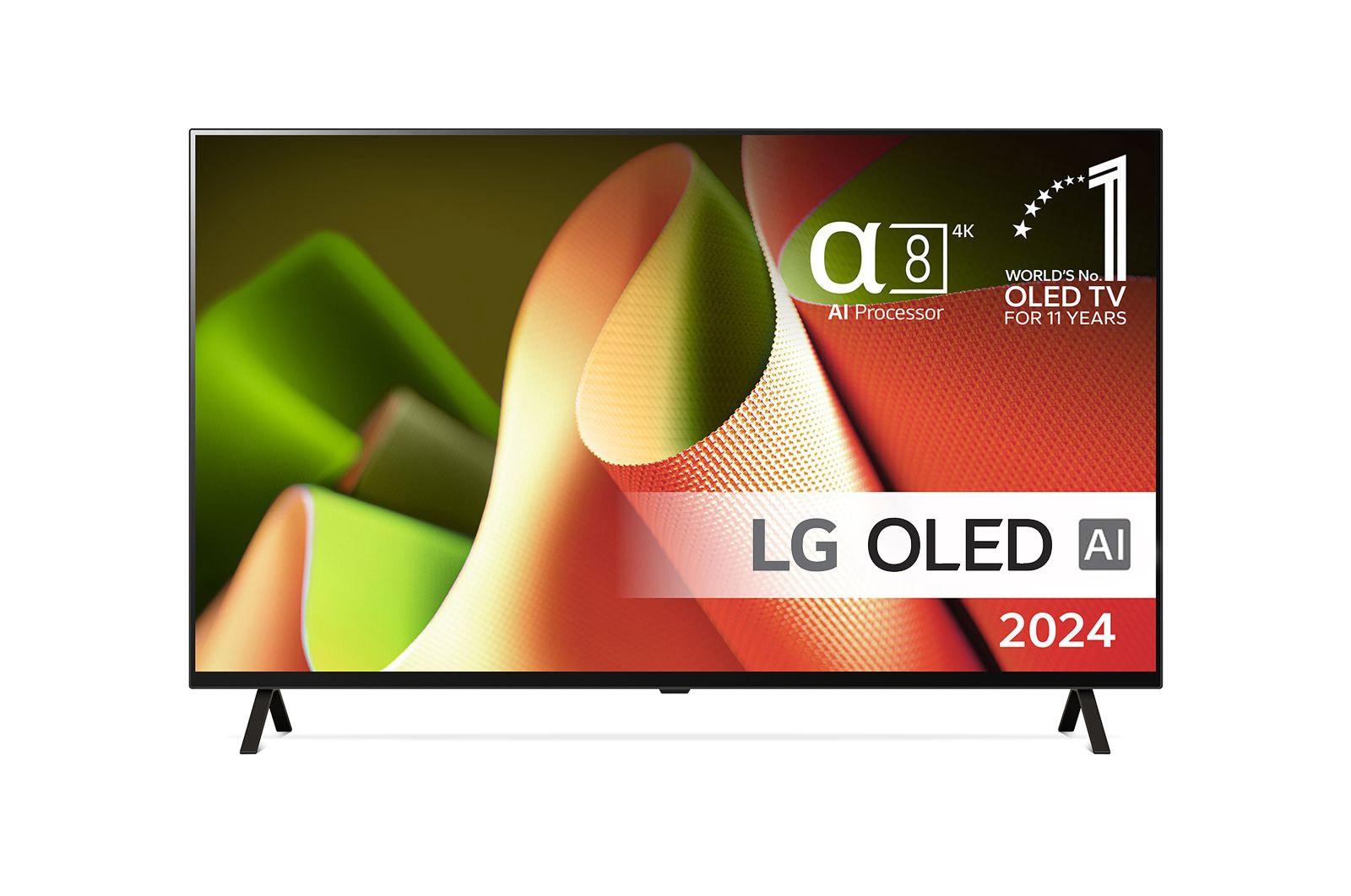 Set forfra med LG OLED TV, OLED B4, 11 Years of world number 1 OLED Emblem og alpha 8 4K AI processor logo.