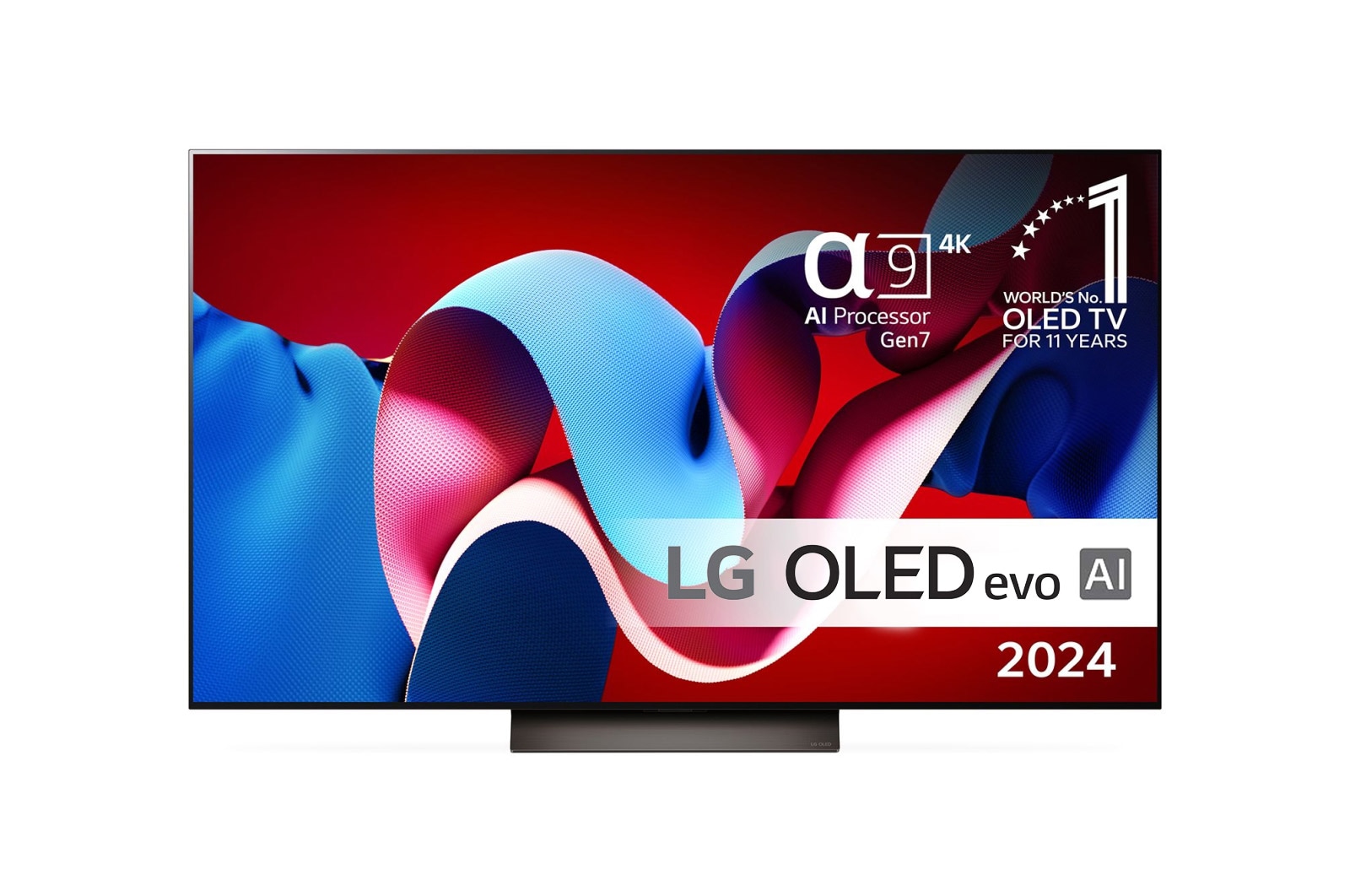 Set forfra med LG OLED evo TV, OLED C4, 11 Years of world number 1 OLED Emblem og alpha 9 4K AI processor Gen7 logo.