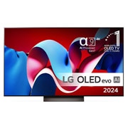 Set forfra med LG OLED evo TV, OLED C4, 11 Years of world number 1 OLED Emblem og alpha 9 4K AI processor Gen7 logo.