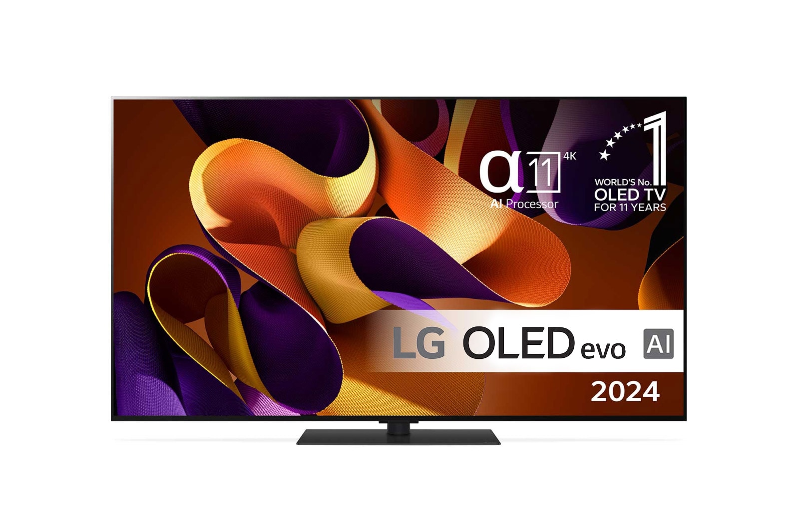 Set forfra med LG OLED evo TV, OLED G4, 11 Years of world number 1 OLED Emblem og alpha 11 4K AI processorlogo.